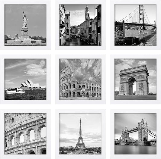 eletecpro 8x8 Picture Frames Set of 9 with Mat for 4x4 Photos or without Mat for 8x8, Square Gallery Wall Decor Collage for Picture Display, White Frame Set for Wall Hanging