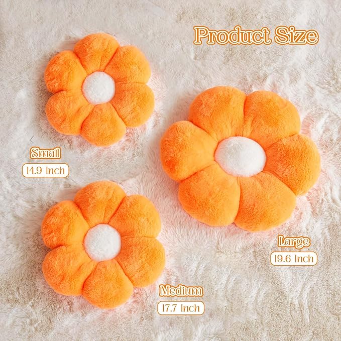 Kcvvcr Flower Pillow Cute Decorative Throw Pillow with Faux Rabbit Fur Soft Daisy Plush Floor Cushion Aesthetic Flower Shaped Pillow Home Decor for Bed Sofa Couch (Orange 19.6 Inch)