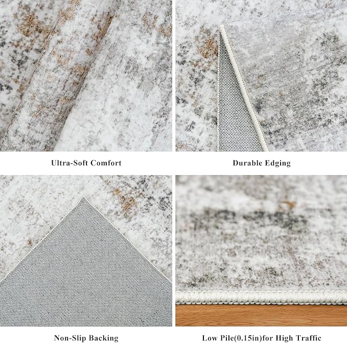 2x5 Non-Slip Washable Runner Rug – Modern Neutral Abstract Small Rug for Hallway, Kitchen, Bathroom, Bedroom, Entryway, Laundry Room – Thin Soft Low-Pile Rubber Backing (Beige/Grey)