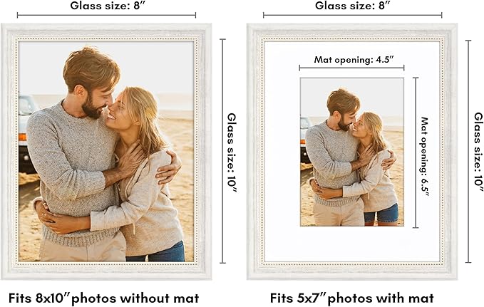 Americanflat Vintage Frames - 8x10 Picture Frame with Beaded Accents and Shatter-Resistant Glass - Use as 5x7 Frame or Display 8x10 Photos Without Mat - Heirloom Collection - White Gold