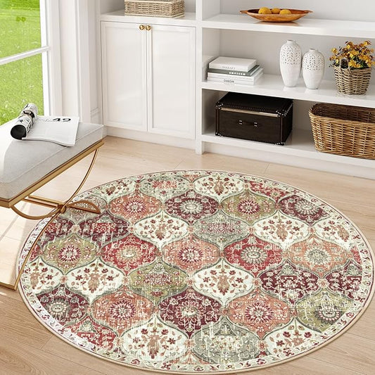 Lahome Moroccan Trellis Washable Round Area Rug, Soft Round Rugs 6ft Ultra-Thin Non-Slip, Vintage Large Circle Carpet for Bedroom Living Room Kitchen Nursery Elise, Orange/Terracotta