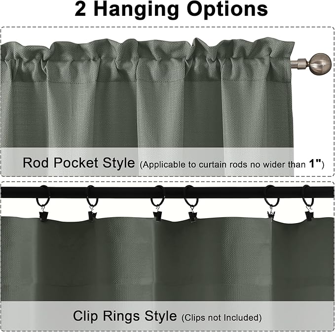 Chyhomenyc Bennet Olive Green Window Valance, Faux Linen Slub Textured Semi Sheer Small Kitchen Cafe Valance for Bathroom Laundry Basement, 30 Wx14 L, 2 Piece