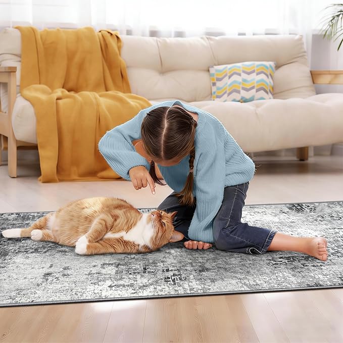 2x12 Grey Rug Runners for Hallways Kitchen Runner Rug Non Slip Washable Black Long Runner Rugs with Rubber Backing Soft Abstract Carpet Runner for Bedroom, Kitchen, Bathroom, Entryway