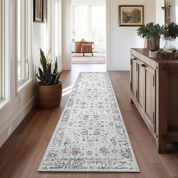 jinchan Hallway Runner Rug 2x10 - Vintage Kitchen Rug Washable Runner Floral Boho Floor Cover Lightweight Non Slip Thin Retro Distressed Carpet for Bathroom Laundry Room Bedroom Stairway Grey Multi