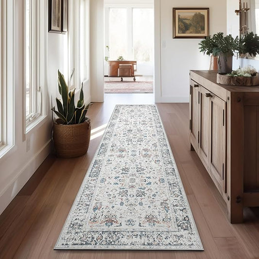 jinchan Hallway Runner Rug 2x10 - Vintage Kitchen Rug Washable Runner Floral Boho Floor Cover Lightweight Non Slip Thin Retro Distressed Carpet for Bathroom Laundry Room Bedroom Stairway Grey Multi