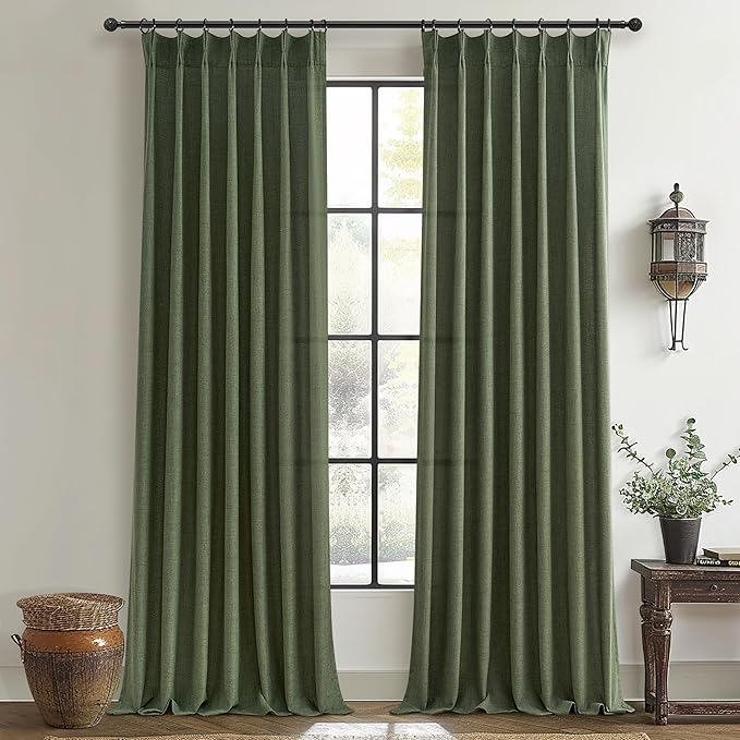 Loden Pinch Pleated Floor to Ceiling Long Curtains 120 Length, Vintage Curtains for Bedroom 2 Panels Set with Hooks Dark Olive Green Linen Pretty Light Filtering Semi Sheer Drapes 10 FT Length