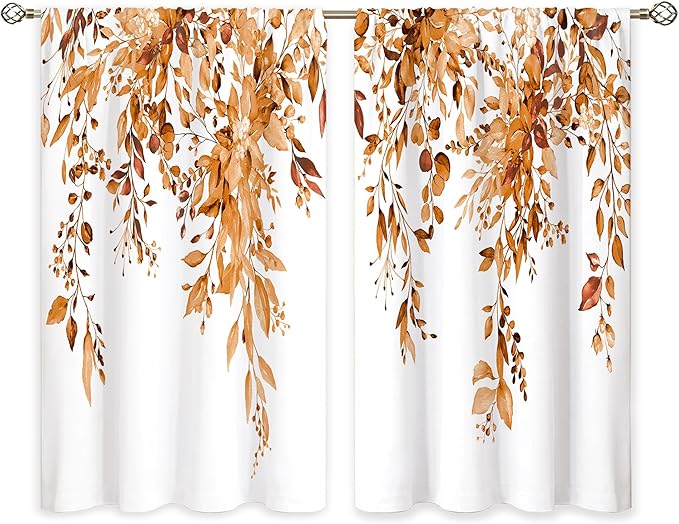 Orange Eucalyptus Botanical Leaves Floral Kitchen Window Curtains Over Sink Farmhouse Flower Fall Small Window Treatment Cafe Short Curtains for Bathroom Treatment Tier Drapes 26x36 inch