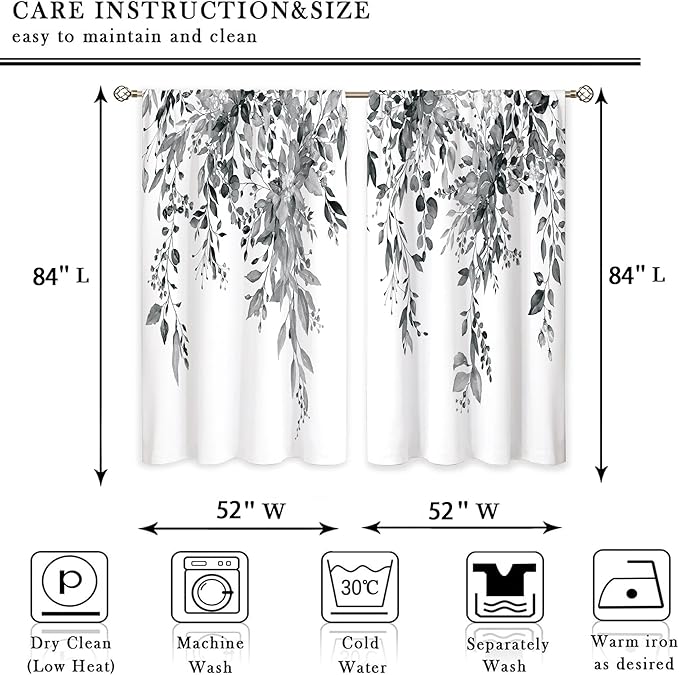 Grey Eucalyptus Botanical Leaves Floral Window Curtains Watercolor Black White Flower Plant Wildflower Farmhouse Curtain Drapes Herb Curtains for Bedroom Living Room Treatment 52Wx84H Inch