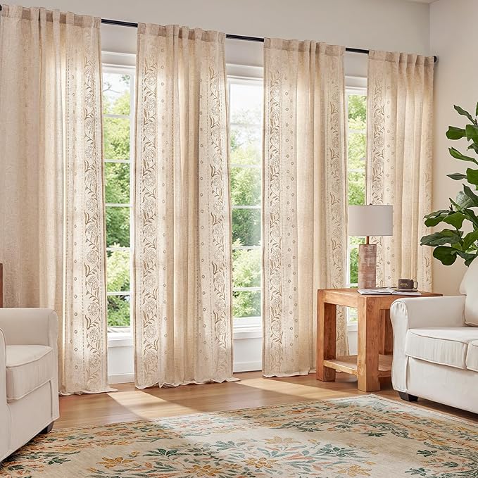 jinchan Winslow Lined Linen Curtains for Bedroom 84 Inches Linen Blended Embroidered Bordered Floral Curtains for Living Room Farmhouse Decor Window Treatments Ivory on Beige Drapes 2 Panels