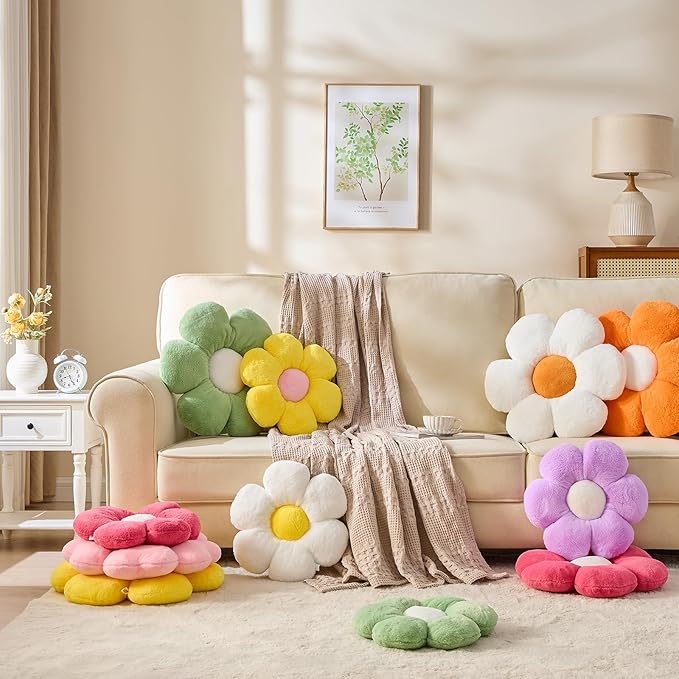 CANGHI Flower Pillows Flower Shaped Throw Pillow Cute Daisy Pillows Seating Cushions for Adults Kids Home Bedroom Sofa Chair Couch Decor (4pcs White/Yellow/Grren/Blue, 15.74 inch)