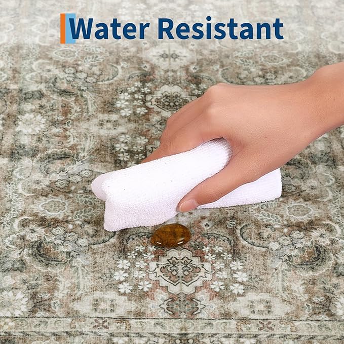GarveeHome Washable Rugs for Living Room, Vintage Neutral Area Rug, Ultra Soft Low Pile Oriental Floral Carpet, Non Slip & Stain Resistant Retro Floor Mats for Home Decor