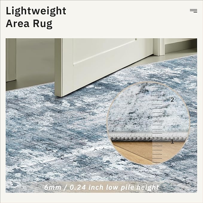 Soalmost 9x12 Area Rugs for Living Room, Abstract Non Slip Machine Washable Vintage Rugs, Low Pile Lightweight Large Rug for Bedroom, Dining Room, Home Office Blue