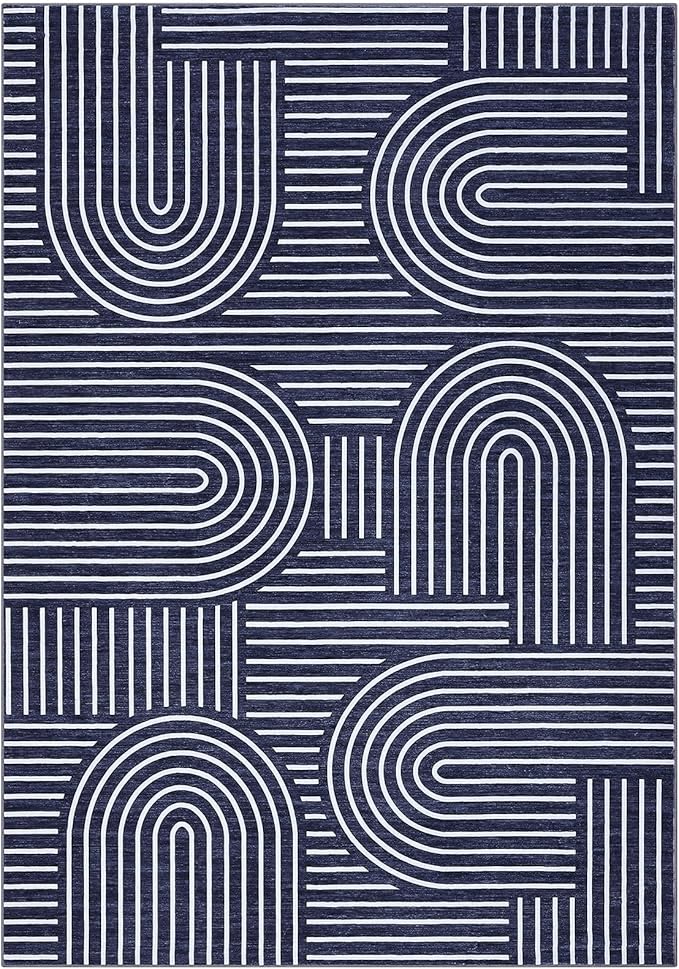 ROYHOME Washable Rug 8x10 Area Rugs for Living Room, Abstract Rug for Bedroom, Soft Rainbow Non Slip Throw Rugs with Rubber Back, Low Pile Stain Resistant Boho Geometric Carpet for Dining Room, Blue