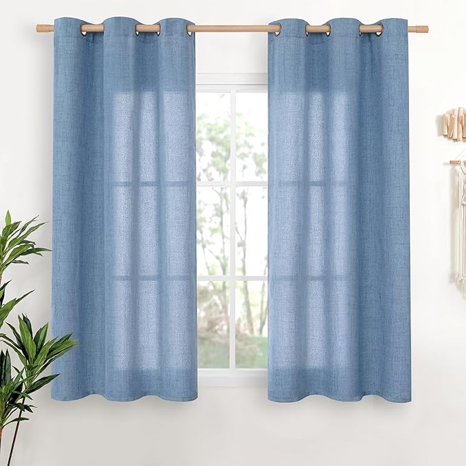 YoungsTex Denim Blue Linen Curtains 48 Inches Long for Short Window, Semi Sheer Drapes with Bronze Grommet Privacy Light Filtering for Bedroom Living Room, 42 x 48 Inch, 2 Panels