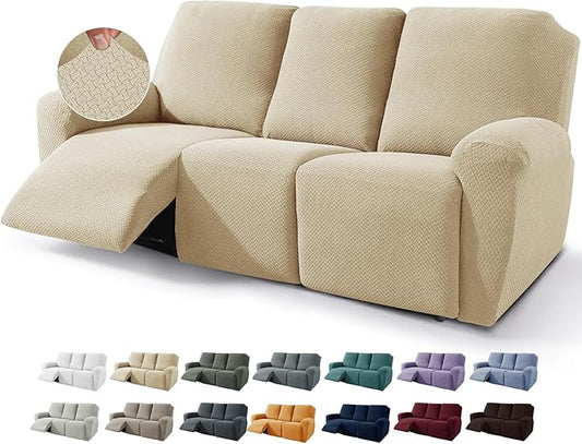 JIVINER 8-Piece Recliner Sofa Covers Stretch Jacquard Couch Covers for Reclining Slipcovers for Living Room 3 Cushion Soft Recliner Protector with Pocket (Sofa Recliner, Light Beige)