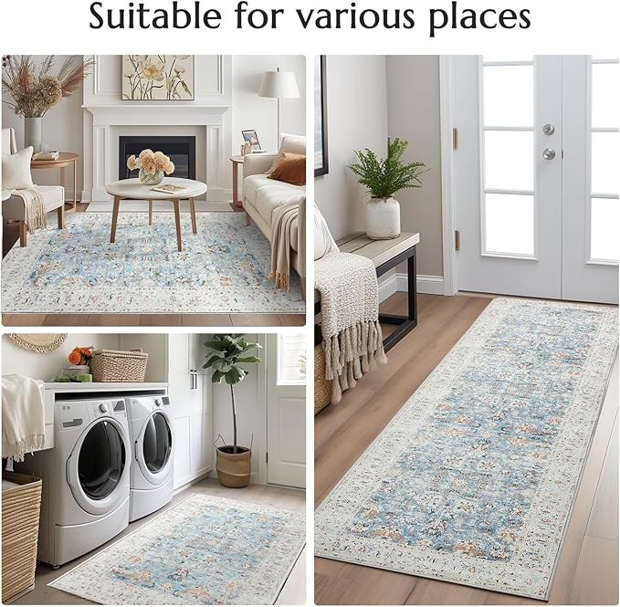 jinchan Runner Rug 2x6 - Hallway Rug Kitchen Washable Runner Vintage Floral Boho Lightweight Thin Non-Slip Retro Distressed Carpet for Entryway Bathroom Bedroom Laundry Room Light Blue