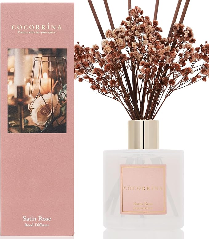 Cocorr??na Reed Diffuser Sets- Satin Rose Scented Diffuser with Sticks Home Fragrance Reed Diffuser for Bathroom Shelf Decor