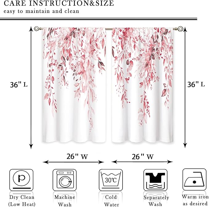 Pink Eucalyptus Botanical Leaves Farmhouse Floral Small Kitchen Curtains Flower Window Treatment Wildflower Plant Cafe Short Window Curtains for Bathroom Room Tier Treatment Drape 26x36 inch