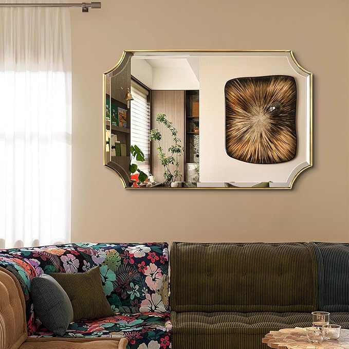 POZINO Rectangle Beveled Mirror, 24"x40" Brushed Gold Bathroom Vanity Mirrors with Stainless Steel Frame, Modern Aesthetic Wall Mirror for Hallway Entryway Living Room, Horizontal or Vertical Hanging