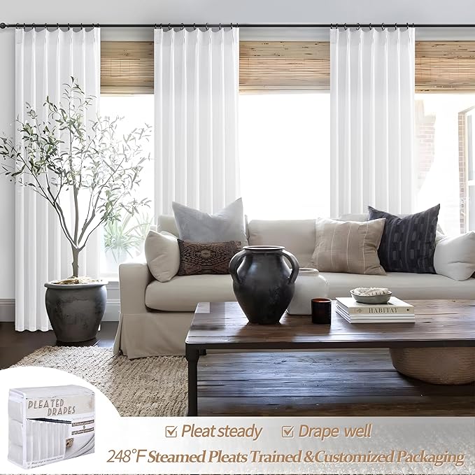 Cute White Sheer Curtains 96 Inches Long for Living Room, Textured Linen Blend Pleat Memory Shape Bedroom Decor Curtain Privacy Light Filtering Bedroom Drape Hook 96 Inch 2 Panels Set (W40 xL96)