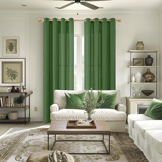 YoungsTex Forest Green Linen Curtains for Living Room 84 Inches Length, Grommet Light Filtering Drapes Privacy for Bedroom Dining Room Farmhouse Spring Decorative, 2 Panels, 52 X 84 Inch