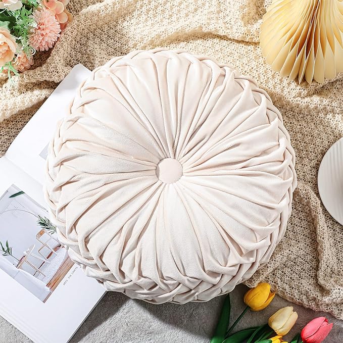 Drydiet 1 Pcs Round Throw Velvet Pillows Decorative Pleated Throw Pillows 15'' Diameter Accent Pumpkin Boho Chair Cushion for Couch Sofa Home Decoration (Beige)