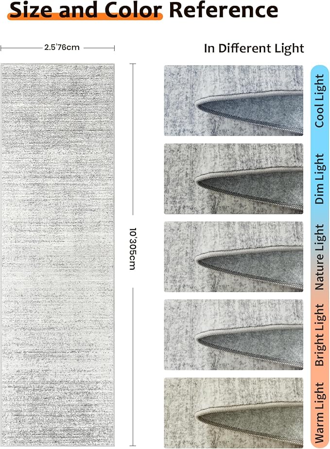 Art&Tuft Non-Slip Runner Rug - 2'6"x10' Runner Rug Washable Low-Pile Rugs Runners, Soft Distressed Carpet Runner for Bedroom Bathroom Kitchen Laundry Living Room, Grey