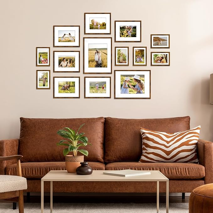 Giftgarden 14 Pack Brown Picture Frames with Mat for Various Sizes Photos, Assorted Matted Frame Set Including Two 11x14, Six 8x10, Six 5x7, Gallery Frame Collage for Wall or Tabletop Display