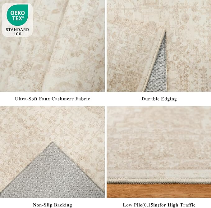 3x10 Ft Hallway Runner Rug – Non-Slip Washable Long Carpet Runner for Kitchen Indoor Entryway & Bathroom, Vintage Distressed Low Pile Thin Floor Mat (Ivory Beige)