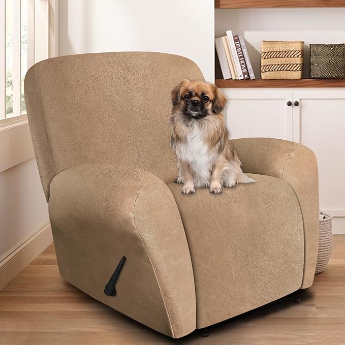 ANARACHON Leather Look Recliner Chair Covers, 4 Pieces Recliner Covers Non Slip, Soft Cover for Reclining Chair, Washable Furniture Protector for Pets (1 Seater, 026 Brown)