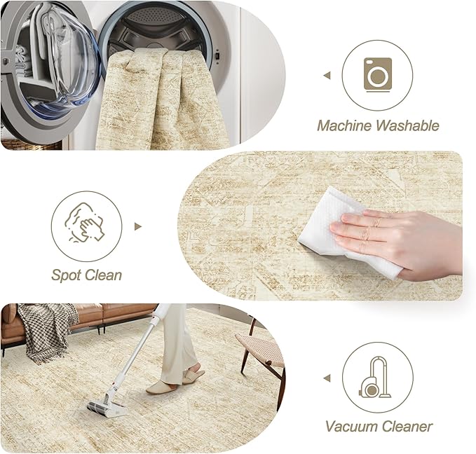 Soalmost Washable Area Rug 9x12, Large Soft Rugs for Living Room Vintage Beige Rug 9x12 Area Rugs for Bedroom Dining Room Floral Non-Slip Thin Rug