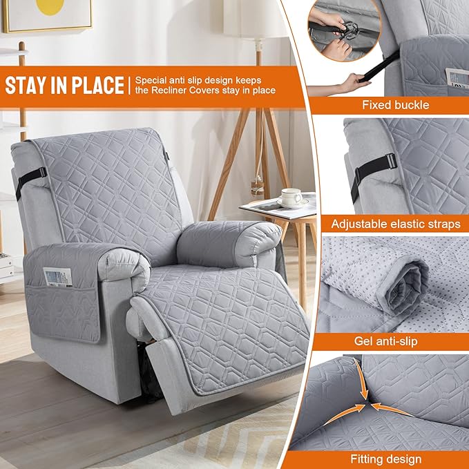 VANSOFY 100% Waterproof Recliner Chair Covers, Recliner Cover Non-Slip Dog Chair Cover Furniture Protector Washable Slipcover with Pocket, Elastic Straps for Pets, Dogs(Light Gray, 30")