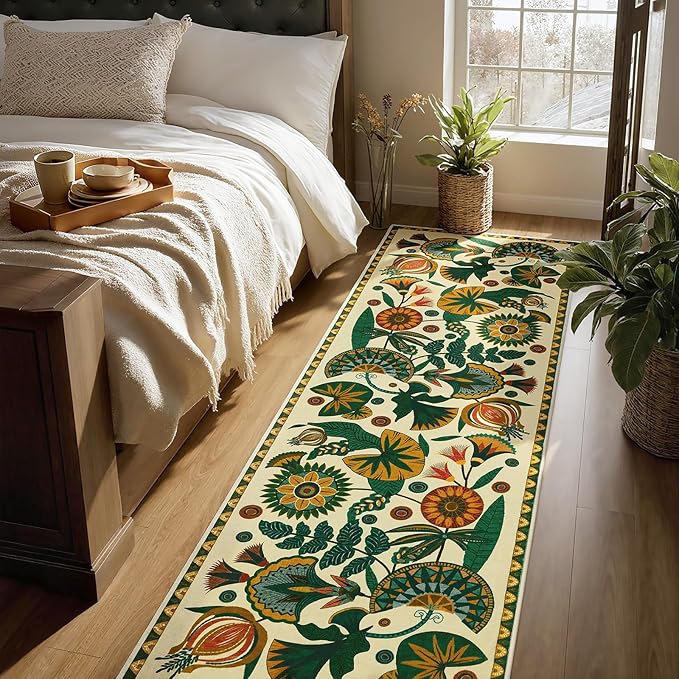 Joydeco Egypt Floral Washable Runner Rug for Hallway Entryway, Boho 2x8 Beige Bathroom Kitchen Runner Rugs Non Skid Washable, Vintage Non Slip Throw Carpet for Laundry Room Entrance