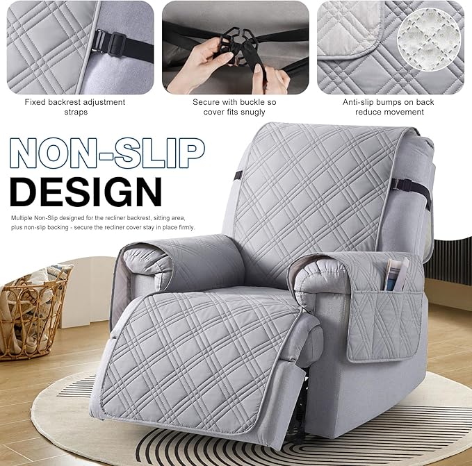 TAOCOCO 100% Waterproof Recliner Chair Cover with Double Straps, Non Slip Covers for Recliner Chair with Pocket, Washable Reclining Chair/Furniture Protector for Kids, Pets(23.6'', Light Grey)