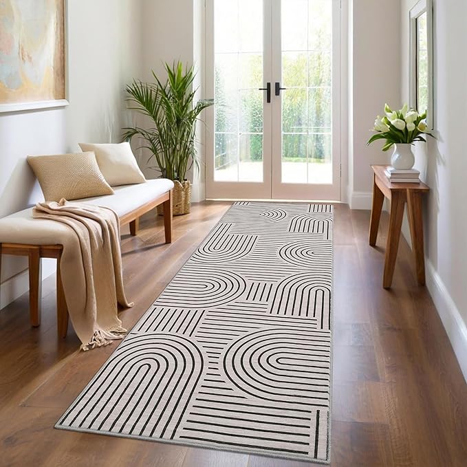ROYHOME Modern Rug 2x6 Runners for Hallways, Abstract Kitchen Runner Rugs Non Slip Bath Runner, Rainbow Washable Runners Rug for Bedroom, Soft Long Rugs for Entryway Bathroom Laundry Dorm, Light Camel