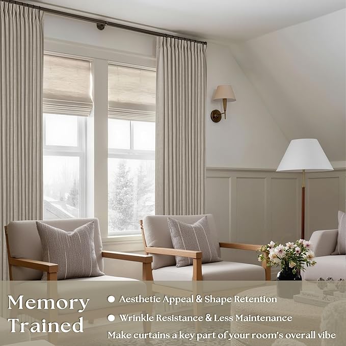 Flax Linen Curtains Pinch Pleated 84 Inch Length 2 Panels for Living Room Bedroom Burlywood Birch Semi Sheer Rustic Farmhouse Back Tab Pinch Pleat Hooks Rings Window Curtain 84 Inches Long Taupe
