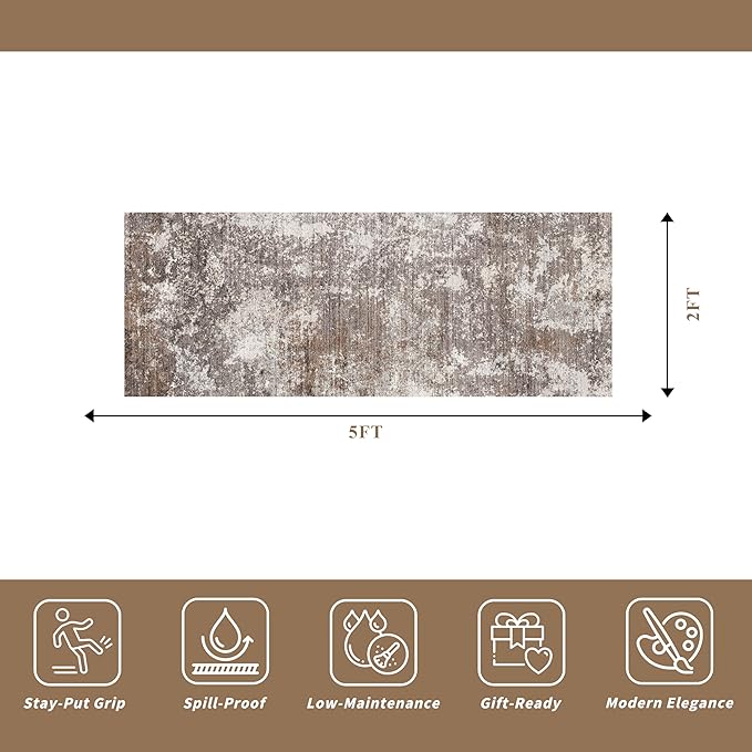 2x5 Washable Kitchen Rug Runner – Non-Slip Abstract Modern Neutral Small Rug for Bathroom, Hallway, Bedroom, Laundry Room, Entryway – Soft Low-Pile Thin with Rubber Backing (Brown Beige, 2x5)