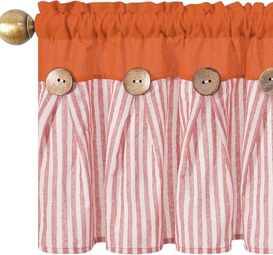 ASPMIZ Farmhouse Cotton Linen Valances for Windows, Boho Kitchen Curtains Valances with Rustic Button, Orange Striped Window Treatments Curtain Valance for Bathroom Cafe, 52 x 18 Inch, 1 Pannel
