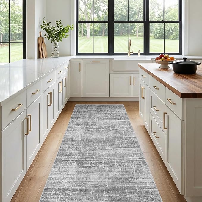 3x7 Washable Kitchen Runner Rug - Modern Abstract Neutral Carpet with Non-Slip Backing Low-Pile Stain-Resistant Thin Runners for Hallway Bathroom Bedroom Entryway (3x7, Gray)