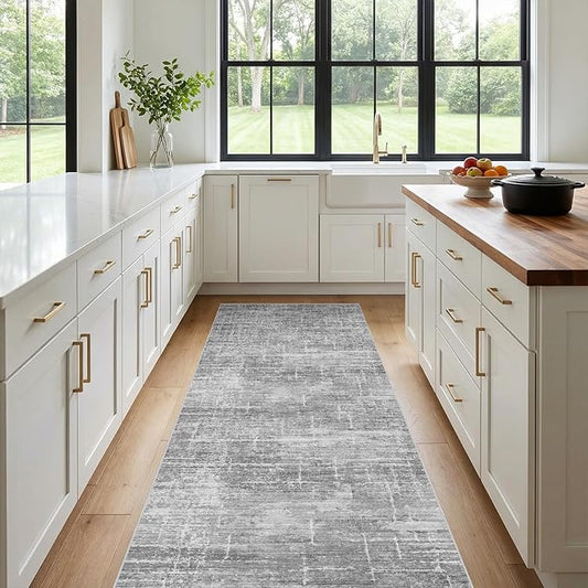 3x7 Washable Kitchen Runner Rug - Modern Abstract Neutral Carpet with Non-Slip Backing Low-Pile Stain-Resistant Thin Runners for Hallway Bathroom Bedroom Entryway (3x7, Gray)