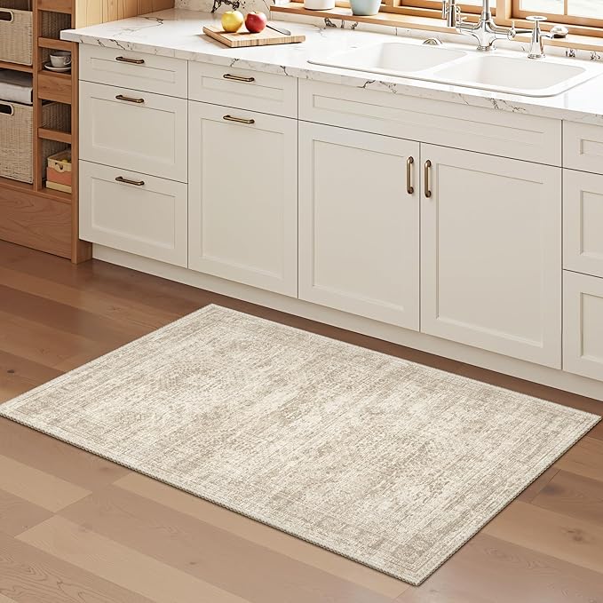 Soalmost 2x3 Washable Rugs for Kitchen, Floor, Entryway, Powder Room Small Area Rug Non-Slip Vintage Low Pile Throw Door Mat Beige