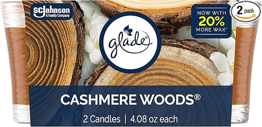 Glade 1-Wick Scented Candle Jar, Cashmere Woods, Air Freshener Infused with Essential Oils, 4.08 Oz, 2 Count