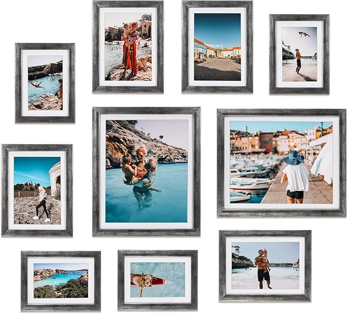 Giftgarden Antique Silver Picture Frames Assortment for Multiple Sizes Photos, Four 4x6, Four 5x7, Two 8x10, Gallery Frame Collage for Wall or Tabletop, Set of 10, Rustic Distressed Silver