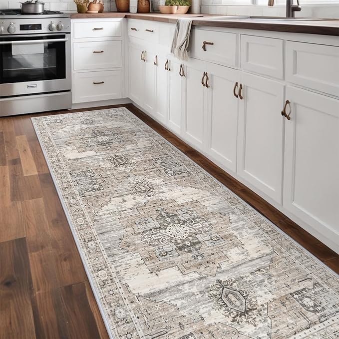 RUUGME Washable Runner Rug 3x10 - Vintage Hallway Carpet Runner for Living Room Kitchen Stain Resistant Rugs Tribal Carpets with Non Slip Backing Floor Decoration Mat for Bedroom Bathroom 3x10 Beige