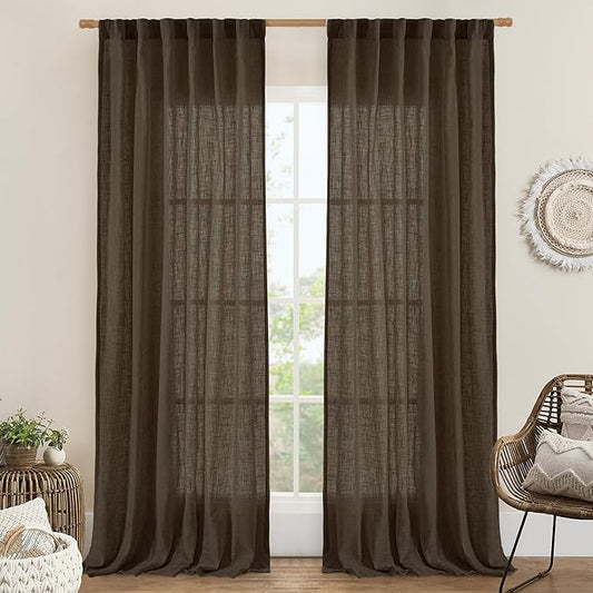 LAMIT Brown Linen Curtains for Living Room 84 inch Length 2 Panels, Light Filtering Semi Sheer Drapes Back Tab and Rod Pocket Farmhouse Panels for Bedroom/Sliding Glass Door, Dark Brown, 52 x 84 Inch