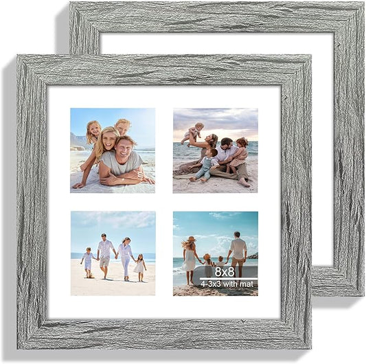 8x8 Picture Frame Set of 2, with Glass and Grey Wood Frames, Display Collage Four Opening 3x3 With Mat or 8 x 8 Without Mat for Wall Hanging or Tabletop