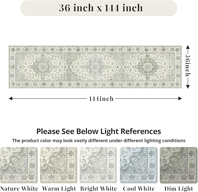 3x10 Non Slip Hallway Runner Rug - Washable Vintage Distressed Kitchen Carpet, Ultra-Thin Soft Low Pile Entryway Mat with Rubber Backing for Bedroom Living Room (Green)