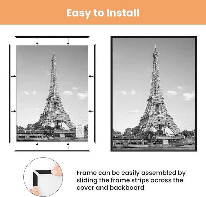 upsimples 24x32 Poster Frame Black 3 Pack, Scratch-Proof Picture Frames 24 x 32 for Photo Gallery - Slide-In Strips, Horizontal or Vertical Wall Mounting