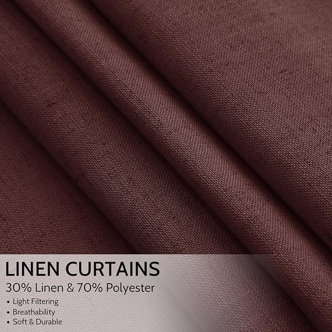 Nanspring Reddish Brown Linen Blend Light Filtering Back Tab Curtains 96 Inches Long, Semi Sheer Privacy Drapes for Living Room & Bedroom, 52x96 inch, 2 Panels