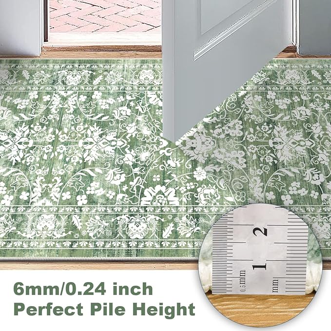 LOKHOM Washable Runner Rug, 2x8 Green Non-Slip Vintage Hallway Runner Rug with Rubber Backing, Boho Floral Soft Faux Wool Kitchen Rug Carpet Runner for Laundry Entryway Bedroom (Tender Green)